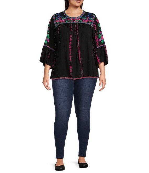 Calessa Plus Size Embroidered Tie-Dye Patchwork Print Crew Neck 3/4 Sleeve Tunic Product Image