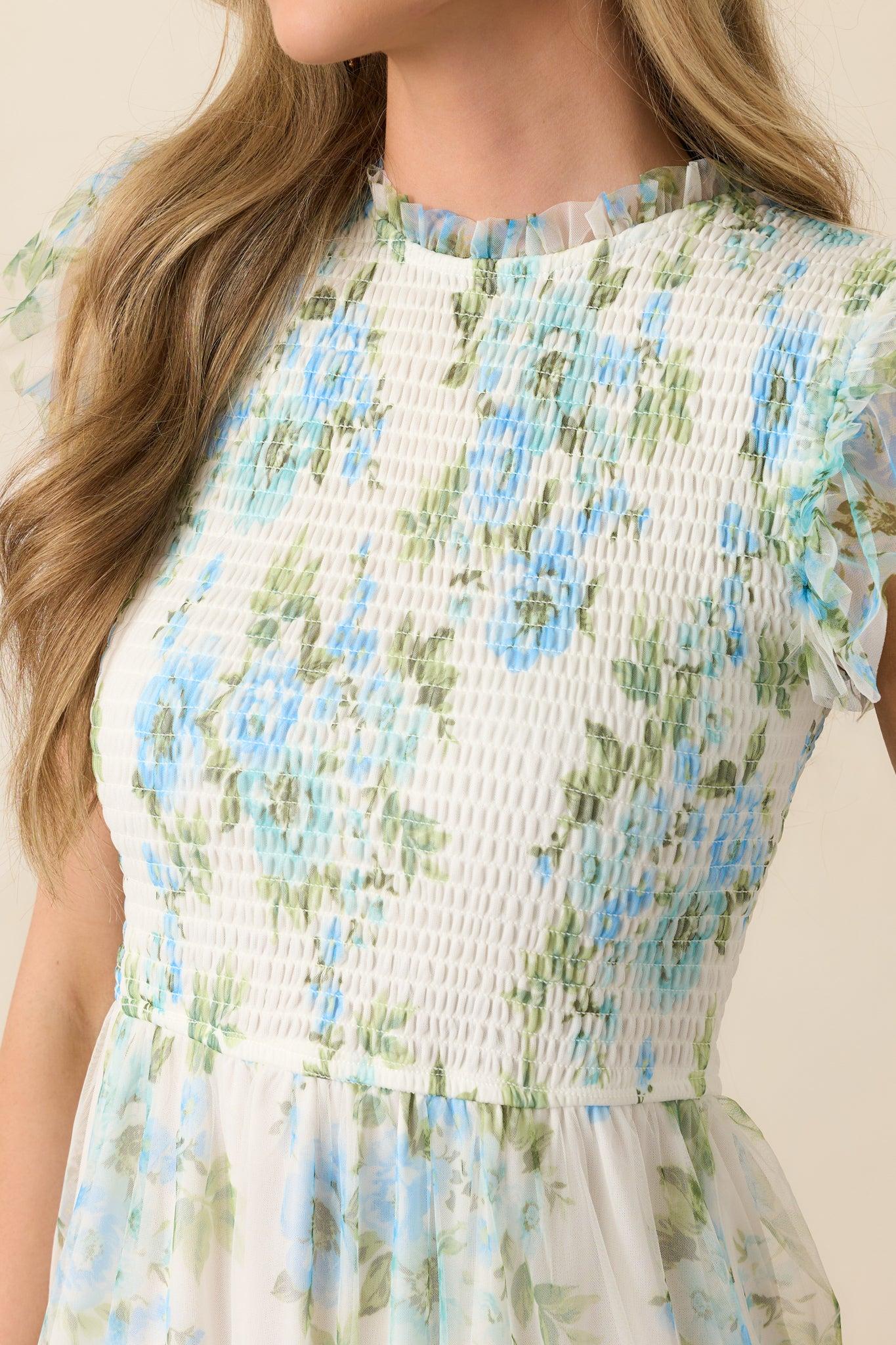 Sunrise Soiree Blue Floral Flutter Sleeve Midi Dress Product Image