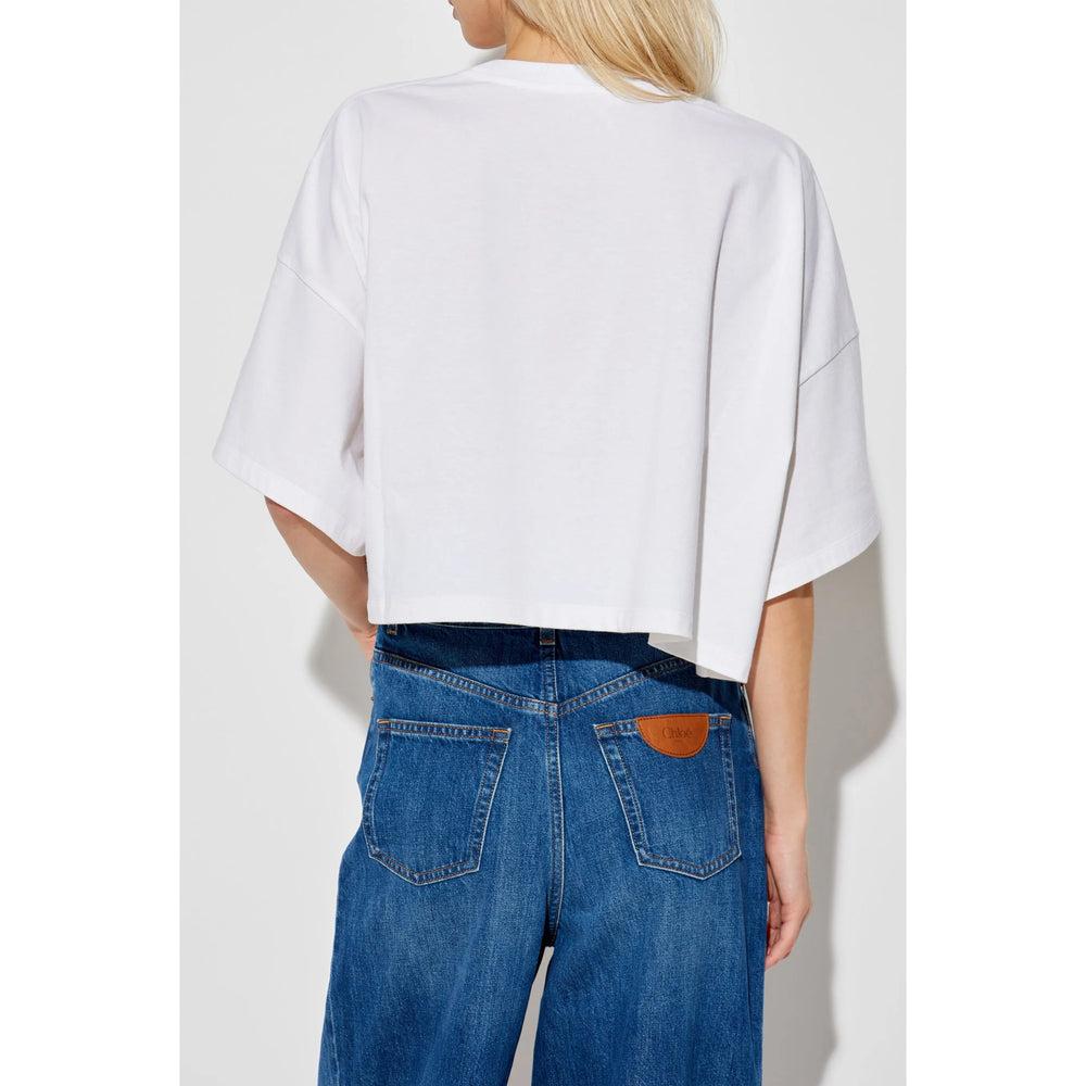 CHLOÉ White Cropped Crewneck T-shirt With Maxi Logo Print On The Front In Cotton Woman In Multicolor Product Image