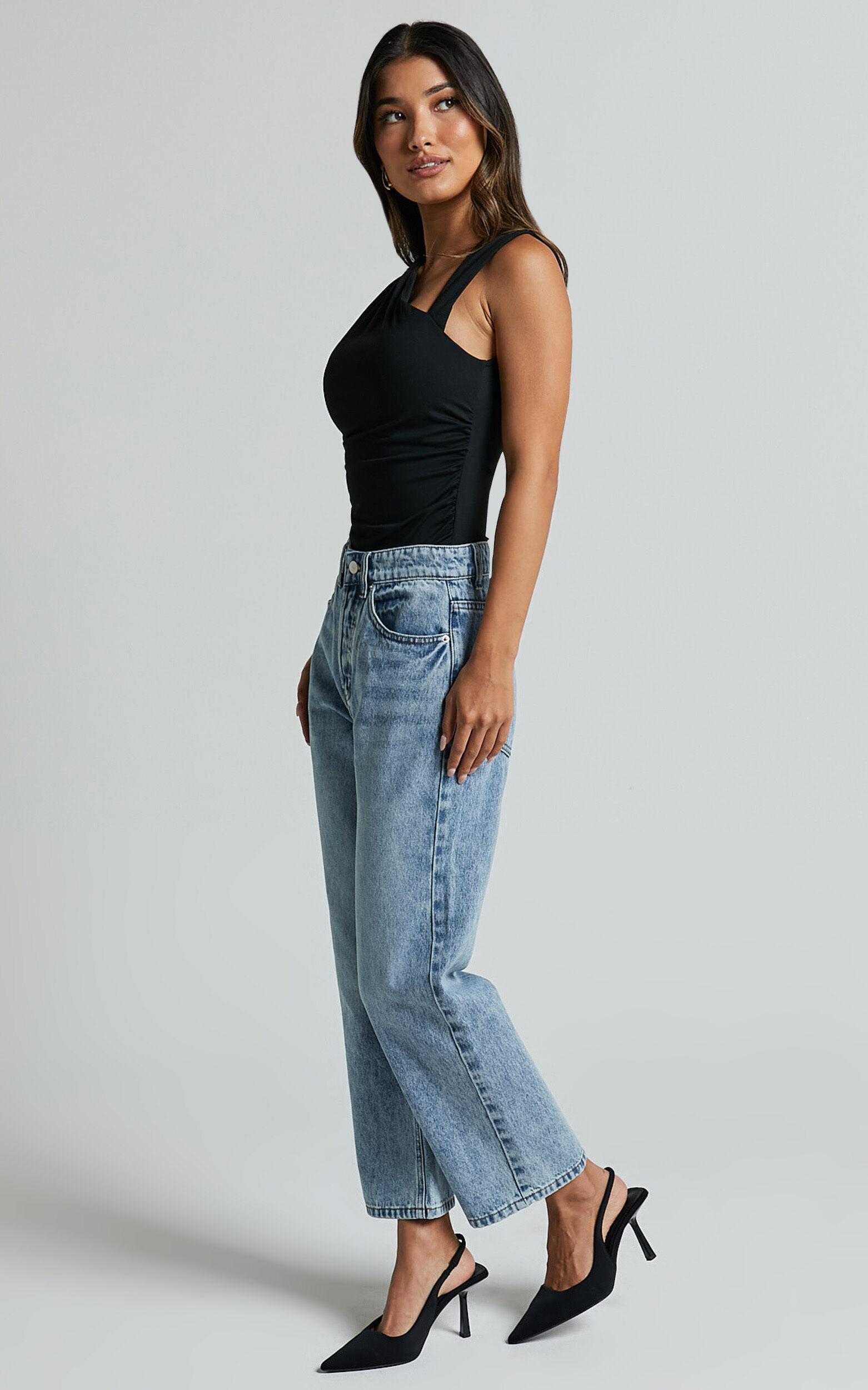 Wilkins Jeans - High Waisted Straight Leg Cropped Hem Jeans in Mid Blue Wash Product Image