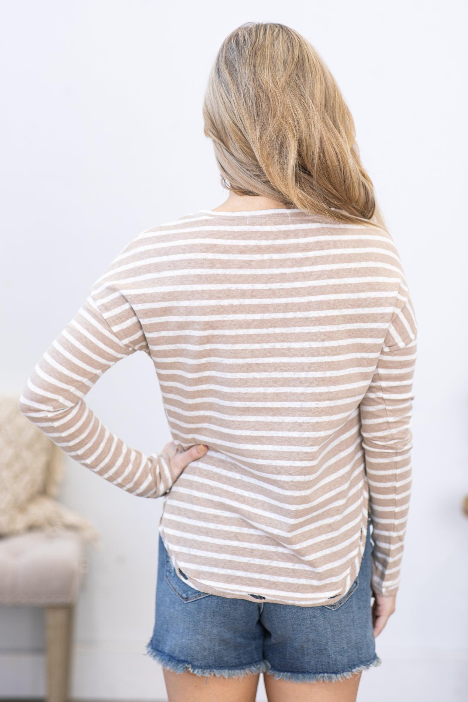 Taupe and Ivory Curve Hem Stripe Knit Top Product Image