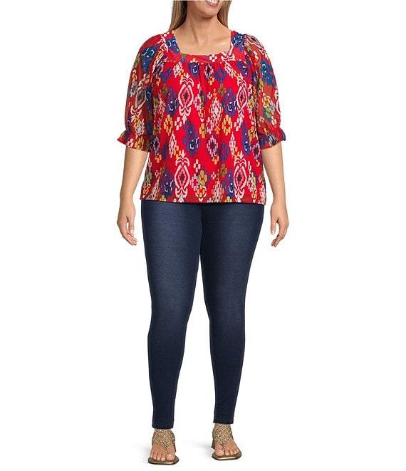 Calessa Plus Size Mesh Knit Ikat Printed Square Neck Elbow Sleeve Tunic Product Image