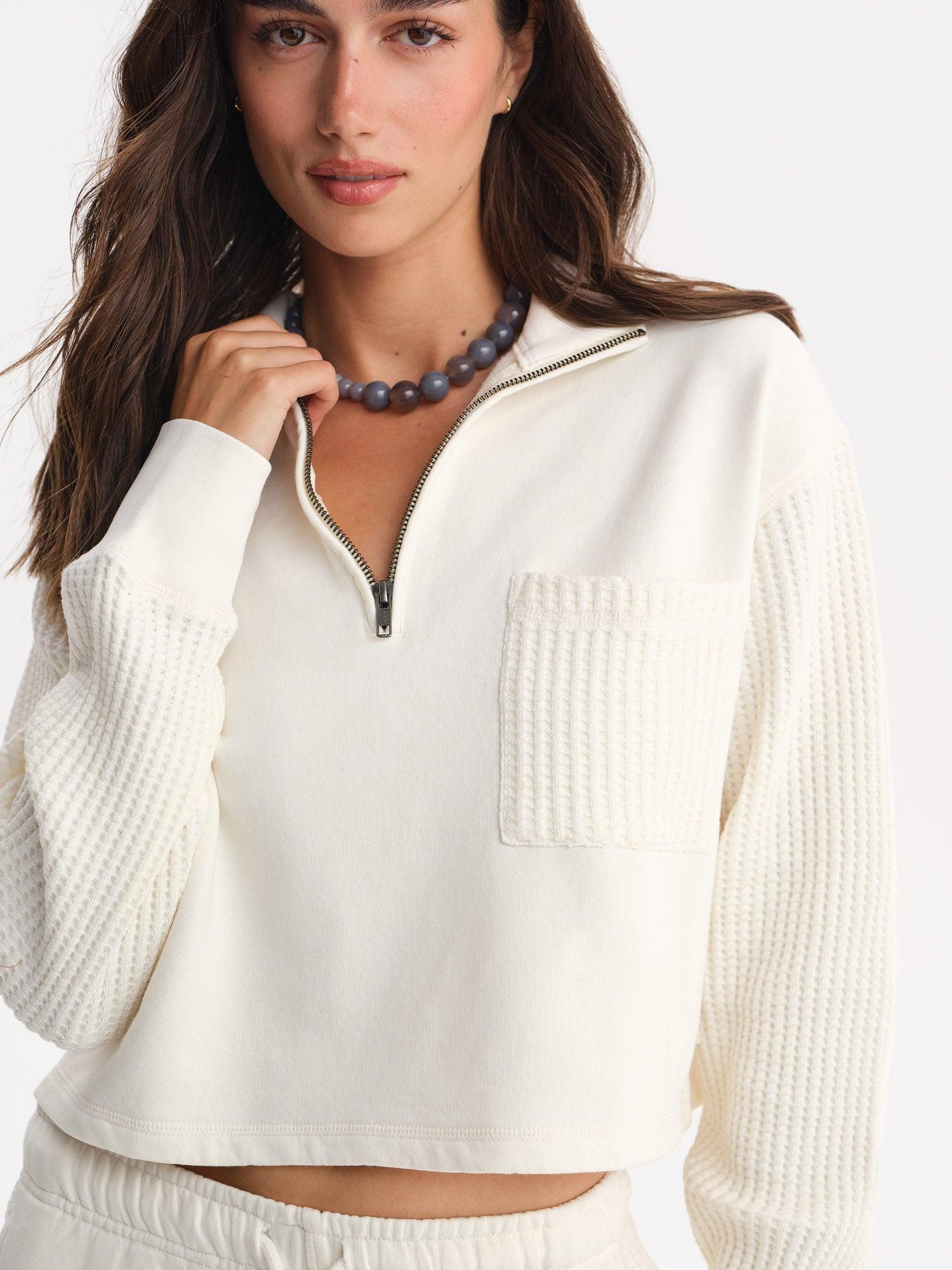 Organic Fleece and Waffle Cropped Half-Zip Sweatshirt Female Product Image