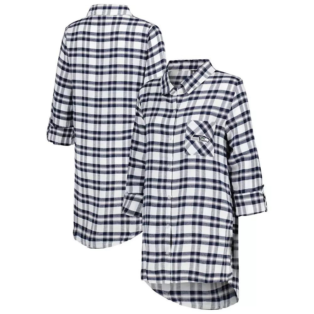 Women's Concepts Sport College Navy Seattle Seahawks Sienna Plaid Full-Button Long Sleeve Nightshirt,  Product Image
