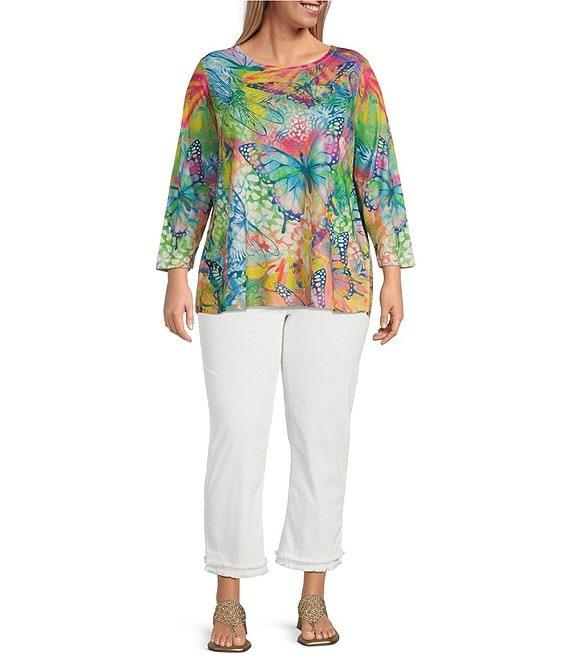 Ali Miles Plus Size Knit Printed Scoop Neck 3/4 Sleeve Tunic Product Image