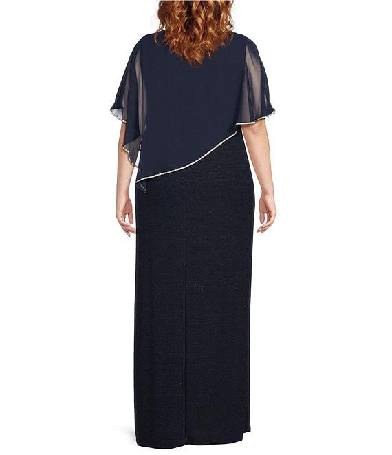R & M Richards Plus Size Chiffon Metallic Stripe Rhinestone Trim Poncho Dress Product Image