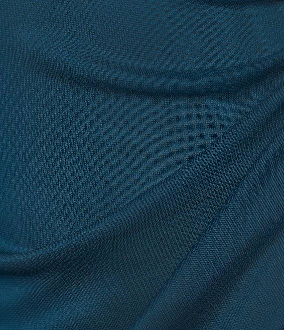 Alex Evenings Exposed Shoulder Draped Neck Cap Sleeve Ruched Waterfall Hem Mesh Gown Product Image