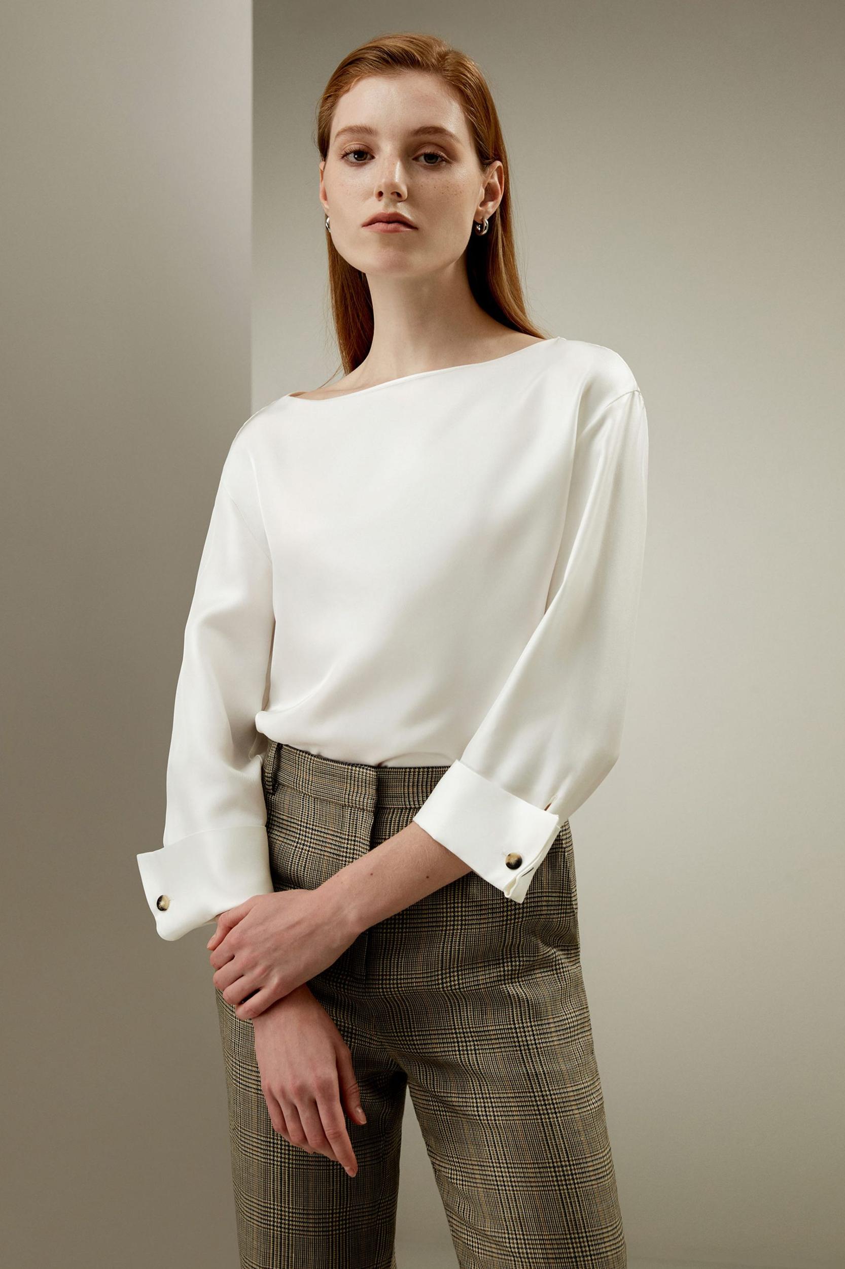 Silk Twill Blouse with Boat Neckline Product Image