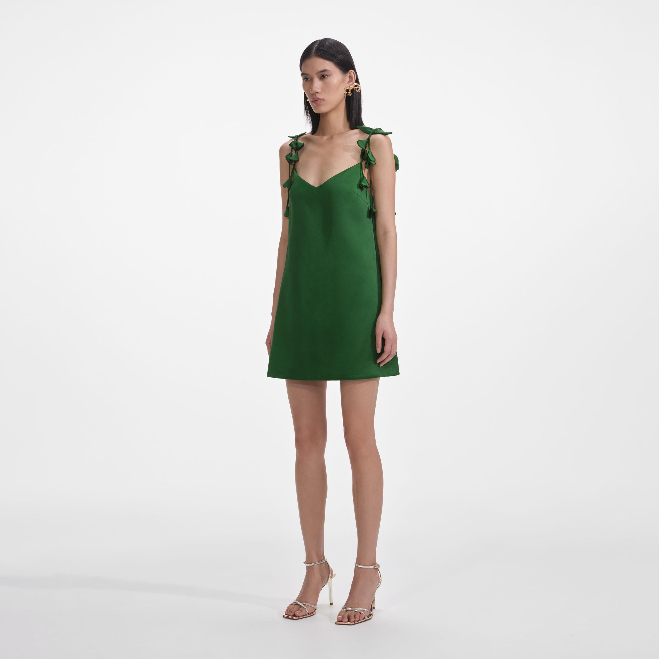 Green Satin Flower Mini Dress Product Image