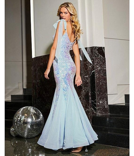 B. Darlin Sequin Pattern V-Neck Tie Shoulder Bustier Dress Product Image