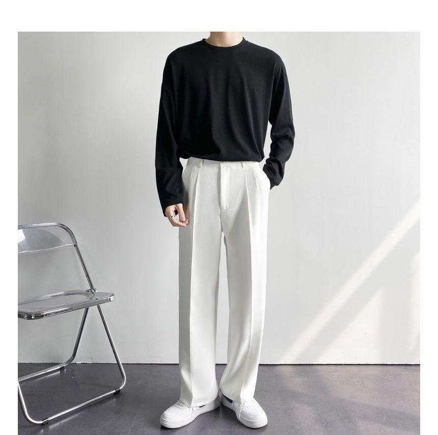 High Waist Plain Straight Leg Dress Pants Product Image