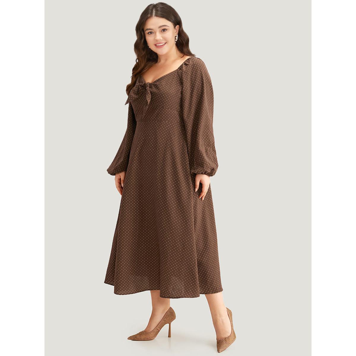 Plus Size Polka Dot Knot Neck Lantern Sleeve Dress DarkBrown Women Elegant Elastic cuffs Tie Neck Long Sleeve Curvy Midi Dress BloomChic 22-24/3X Product Image