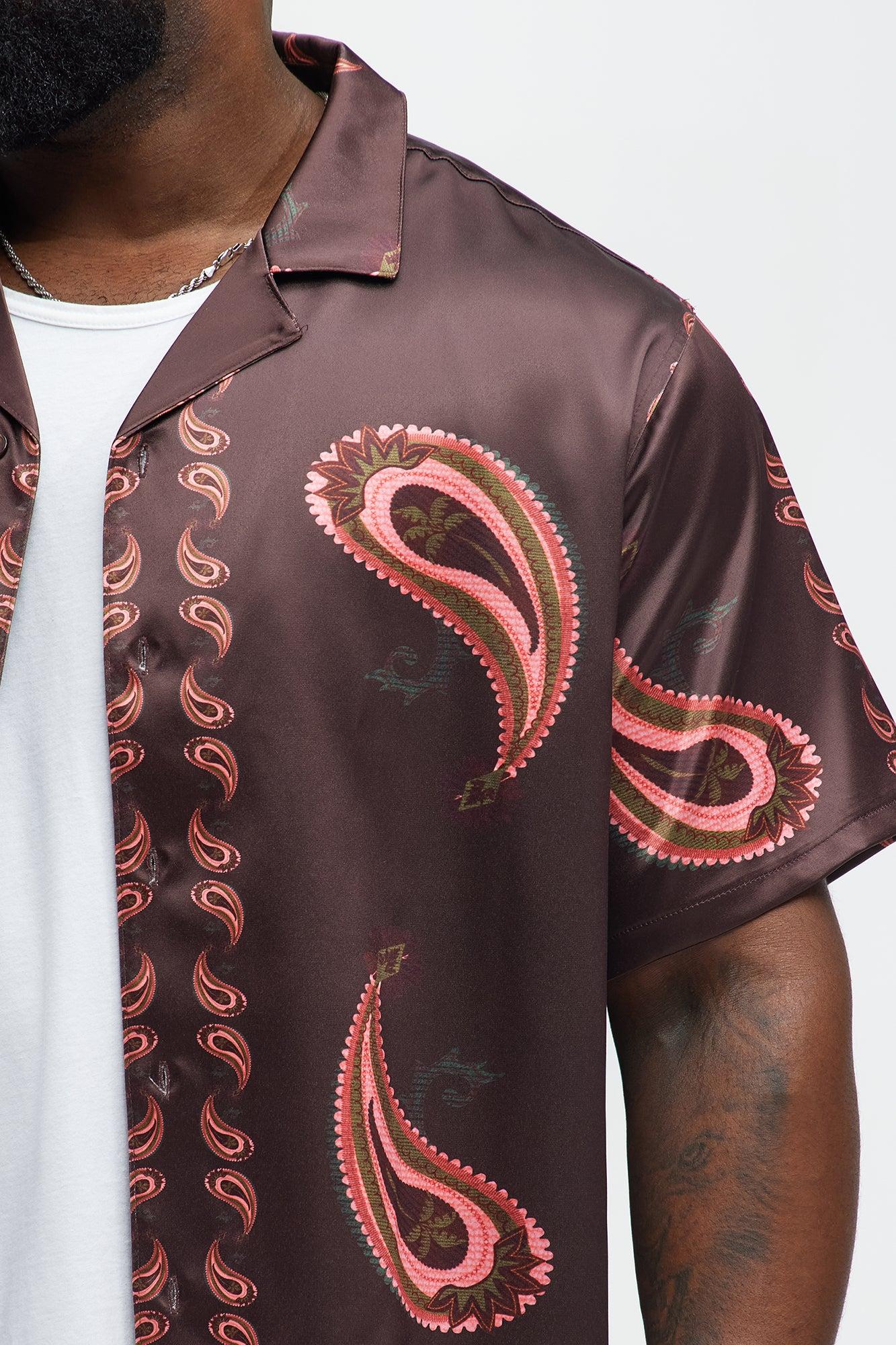Palm Paisley Print Cuban Collar Shirt - Burgundy Product Image