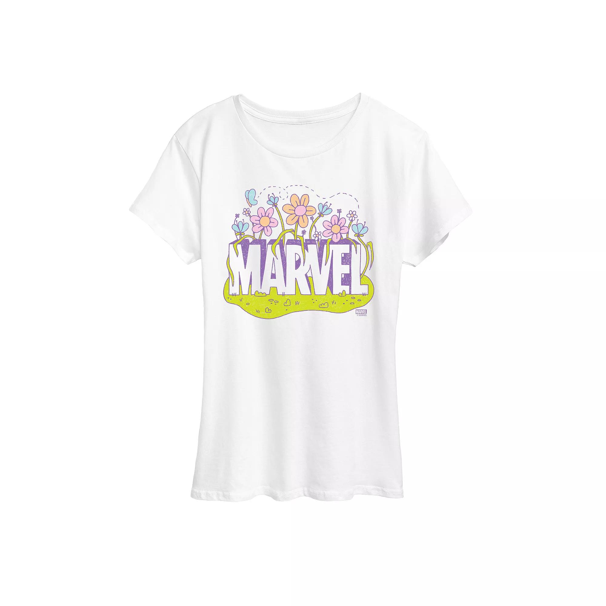 Women's Marvel Logo Flowers Graphic Tee,  Product Image