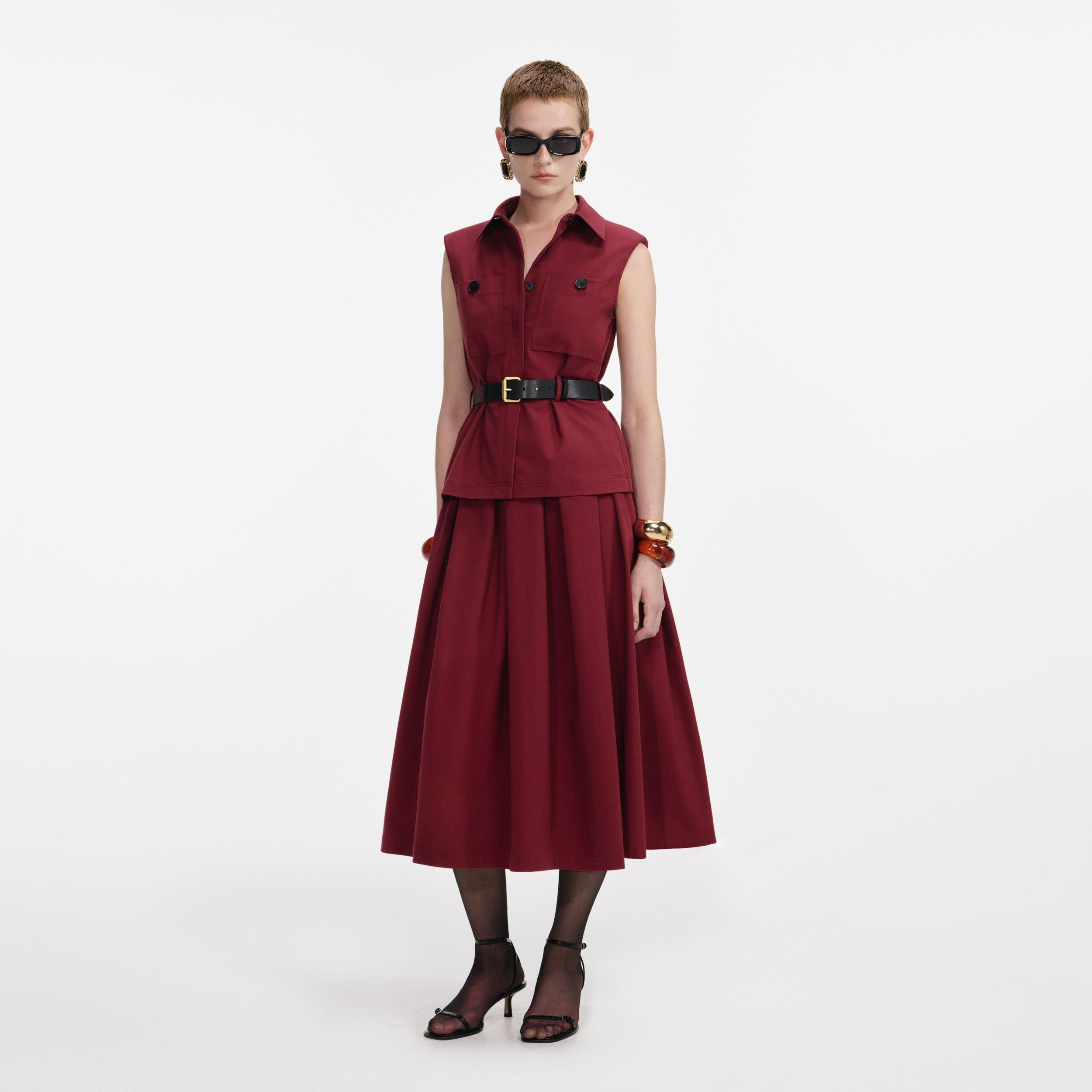 Burgundy Twill Belted Midi Dress Product Image