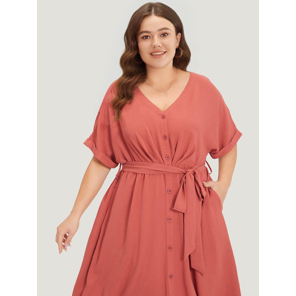 Plus Size Solid Pocket Button Detail Ties Roll Sleeve Dress Rust Women Office Plain V-neck Short sleeve Curvy Midi Dress BloomChic 12/L Product Image