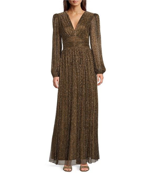 Alex Marie Bella Crinkle Metallic V-Neck Blouson Long Sleeve A-Line Gown Product Image