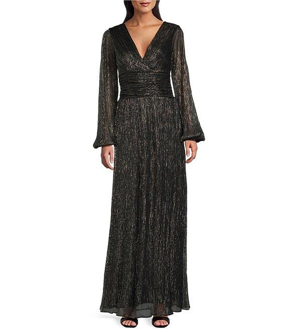 Ignite Evenings Shimmer Bodre Surplice Neck Long Sleeve Ruched Waist A-Line Dress Product Image