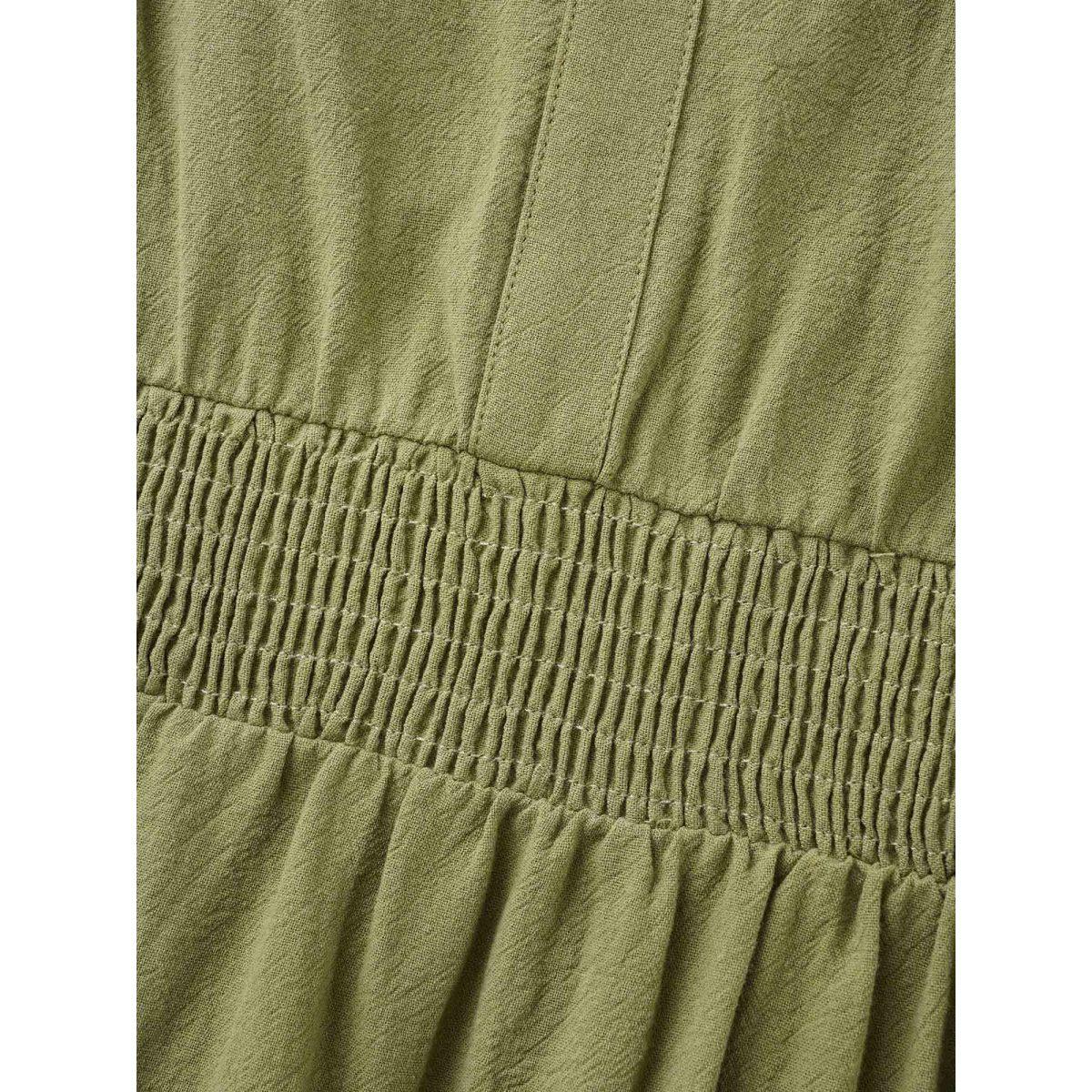 Plus Size Notched Shirred Ruffle Layered Hem Dress Olive Women Elegant Shirred Flat collar with V-notch Short sleeve Curvy BloomChic 28/5X Product Image