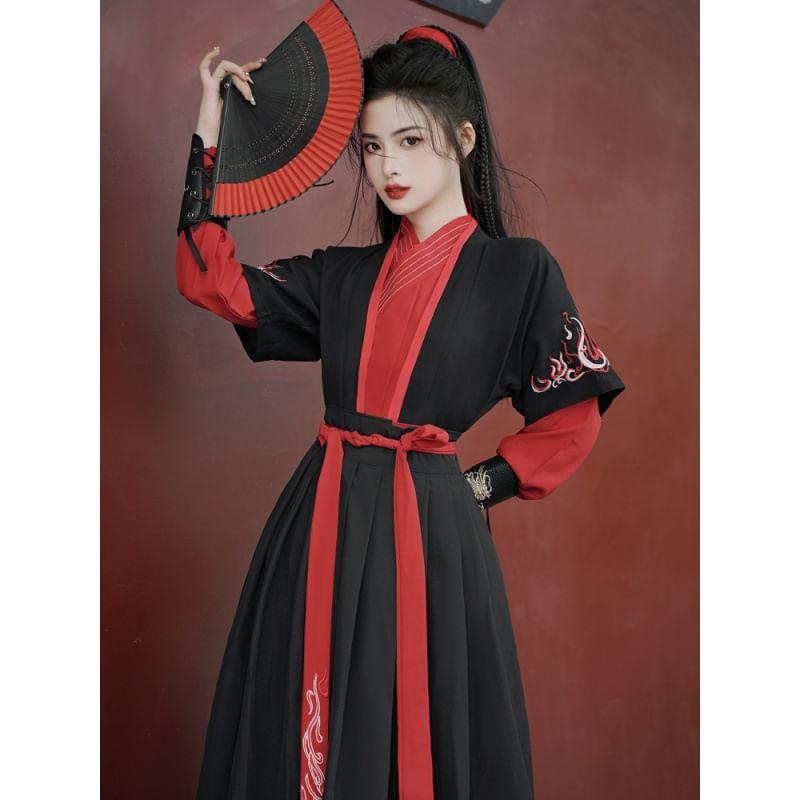 Traditional Chinese Long-Sleeve Embroidered Wrap Top / Short-Sleeve Light Jacket / Head Scarf / High Waist Maxi A-Line Skirt / Wrist Cuff / Set Product Image