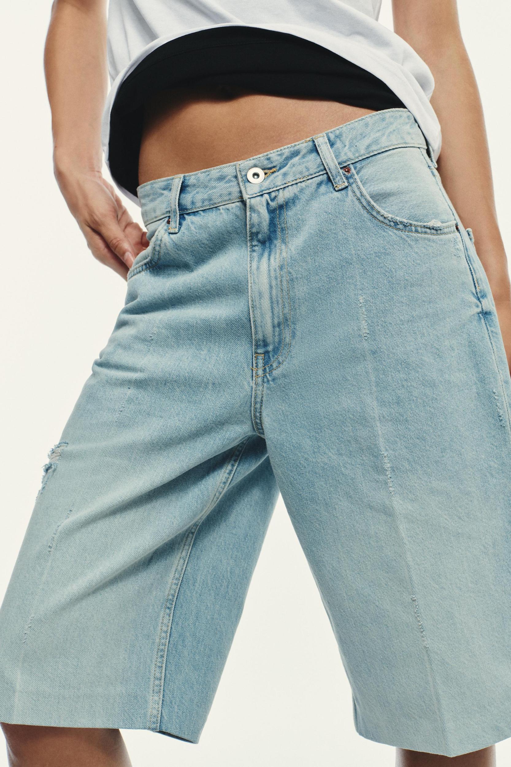 RIPPED MID-RISE TRF DENIM JORTS Product Image