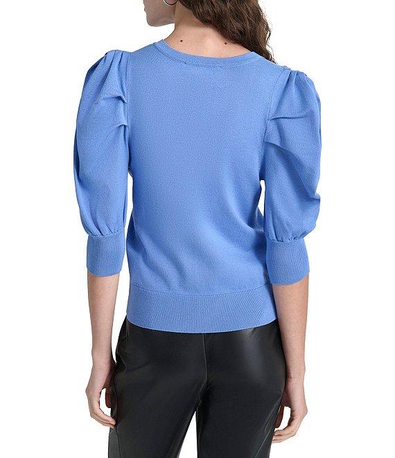 DKNY by Donna Karan Short Pleated Puffed Elbow Sleeve V-Neck Knit Top Product Image