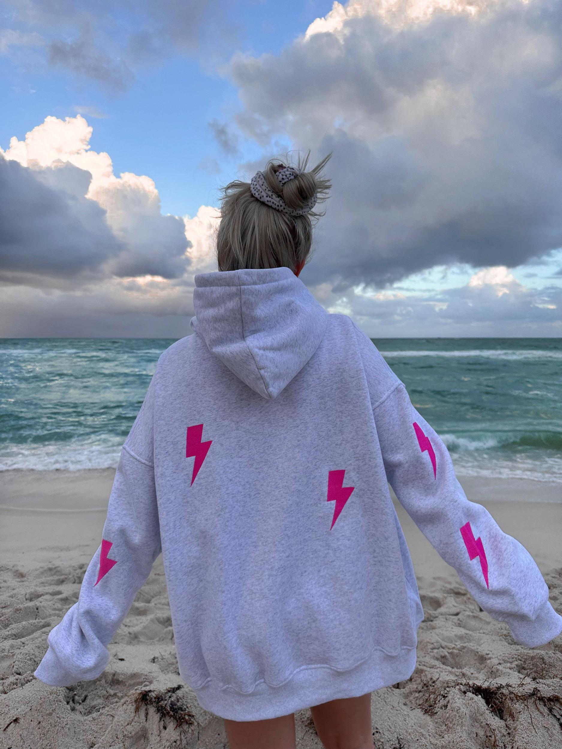 Pearl Grey Embroider Lightning Bolt Hoodie Product Image