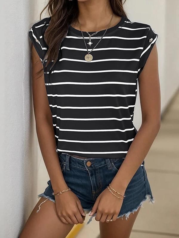 Loose Short Sleeves Split-Joint Striped Round-Neck T-Shirts Product Image
