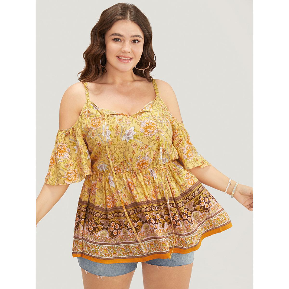 Plus Size Yellow Floral Print Tie Neck Keyhole Ruffles Cold Shoulder Blouse Women Elegant Short sleeve Cold Shoulder Dailywear Blouses BloomChic 14-16/1X Product Image