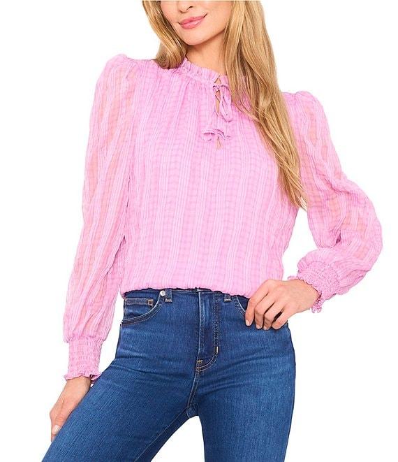 CeCe Woven Round Neck Smocked Cuff Ruffle Trim Blouse Product Image
