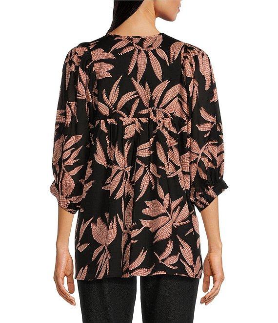 J.Marie Maria Woven Leaf Print Split Round Tie Neck 3/4#double; Puff Sleeve Flounce Tunic Product Image