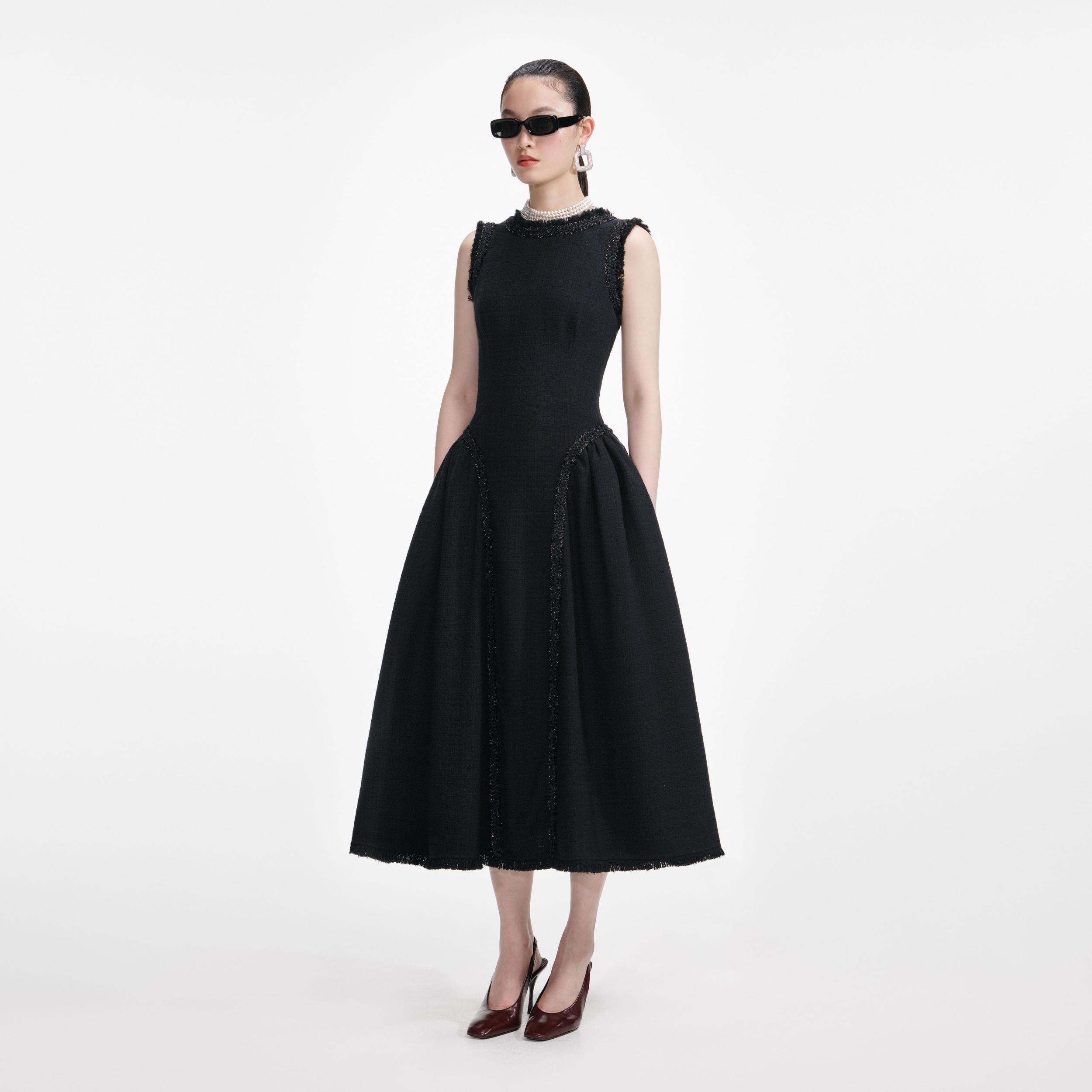 Black Boucle Sleeveless Midi Dress Product Image
