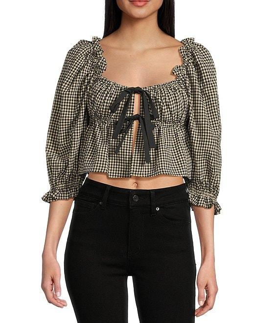 Rumored Parton Short Sleeve Tie-Front Gingham Top Product Image