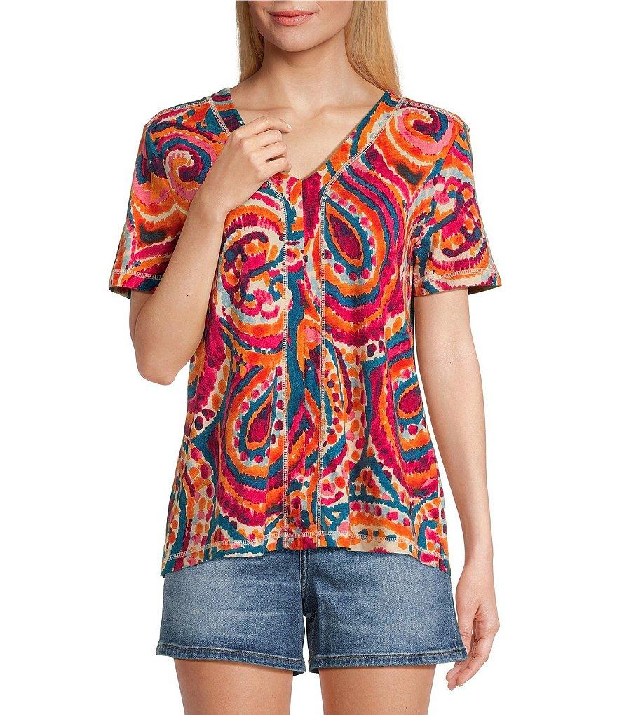 Westbound Paisley Overlay Short Sleeve V-Neck Top Product Image