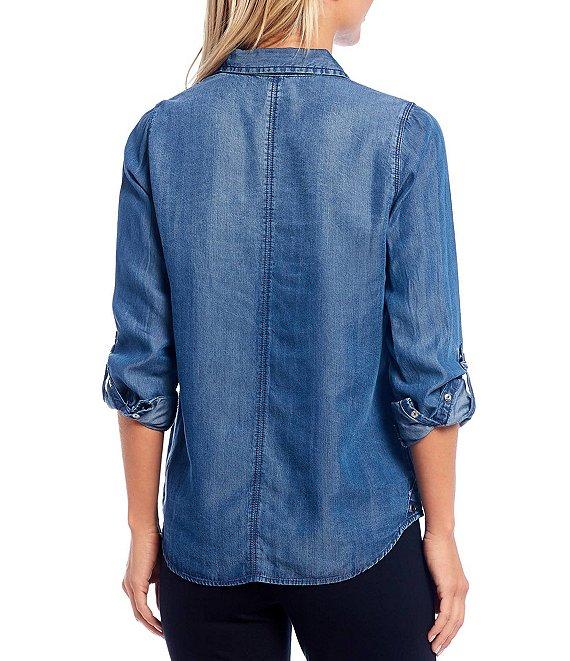 Intro Petite Size Roll-Tab Sleeve Button Front Slub Lyocell Shirt Product Image