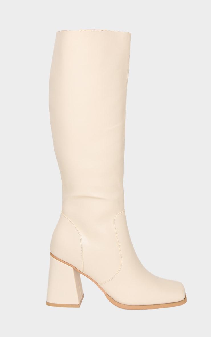 Cream Pu Wide Fit Round Toe Knee High Heeled Boots Product Image