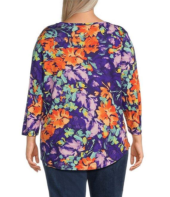 Westbound Plus Size Imperial Palace Floral Glow 3/4 Sleeve Crew Neck Knit Top Product Image
