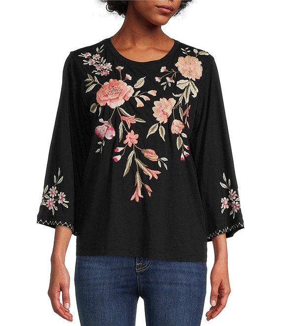 JOHNNY WAS Vienna Floral Embroidery Motif Long Kimono Sleeve Tee Product Image
