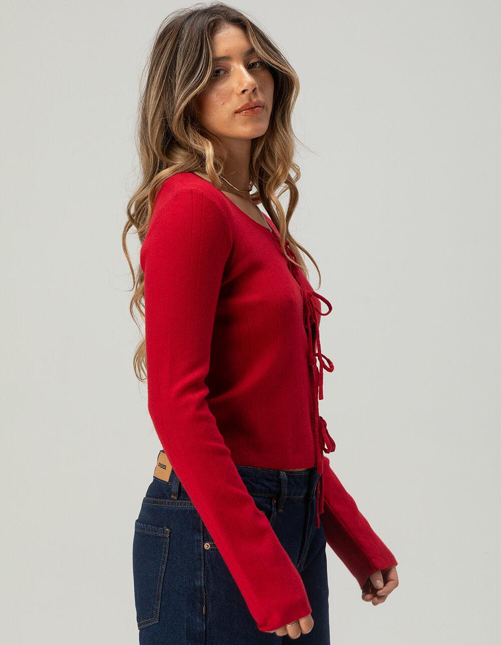 FULL TILT 3 Tie Front Womens Pointelle Cardigan - RED Product Image