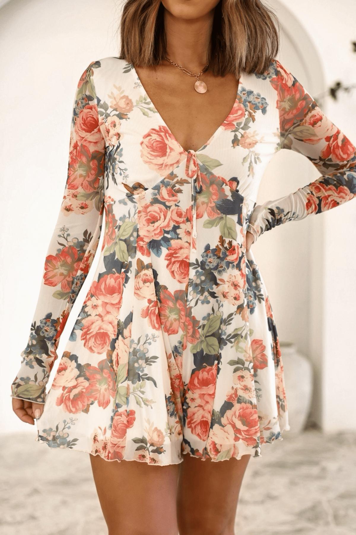 Cream Floral Print V Neck Romper - FINAL SALE Product Image