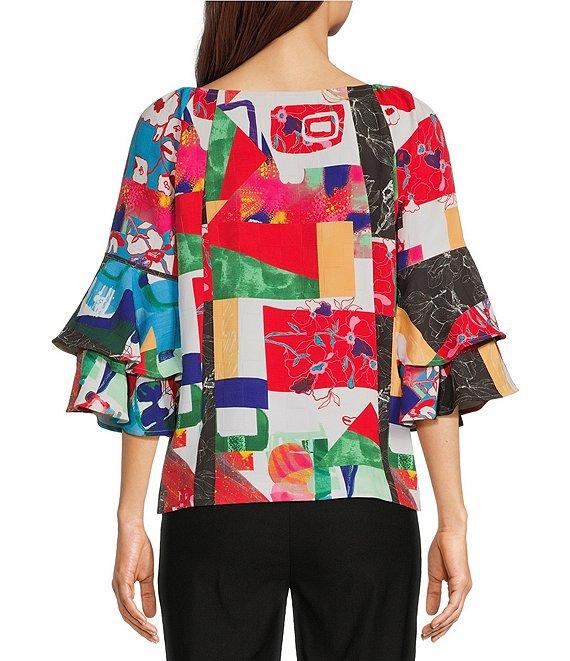 Ali Miles Abstract Round Neck Double Ruffle 3/4 Sleeve Tunic Product Image