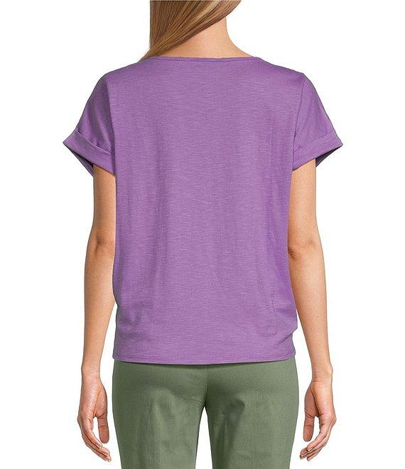 Allison Daley Embroidered Cap Sleeve Keyhole Neck Tie Front Knit Top Product Image