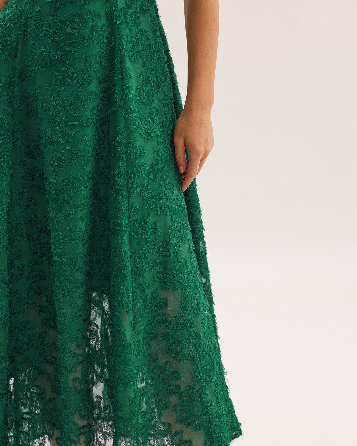 Green Floral Shirred Slip Midi Dress Product Image