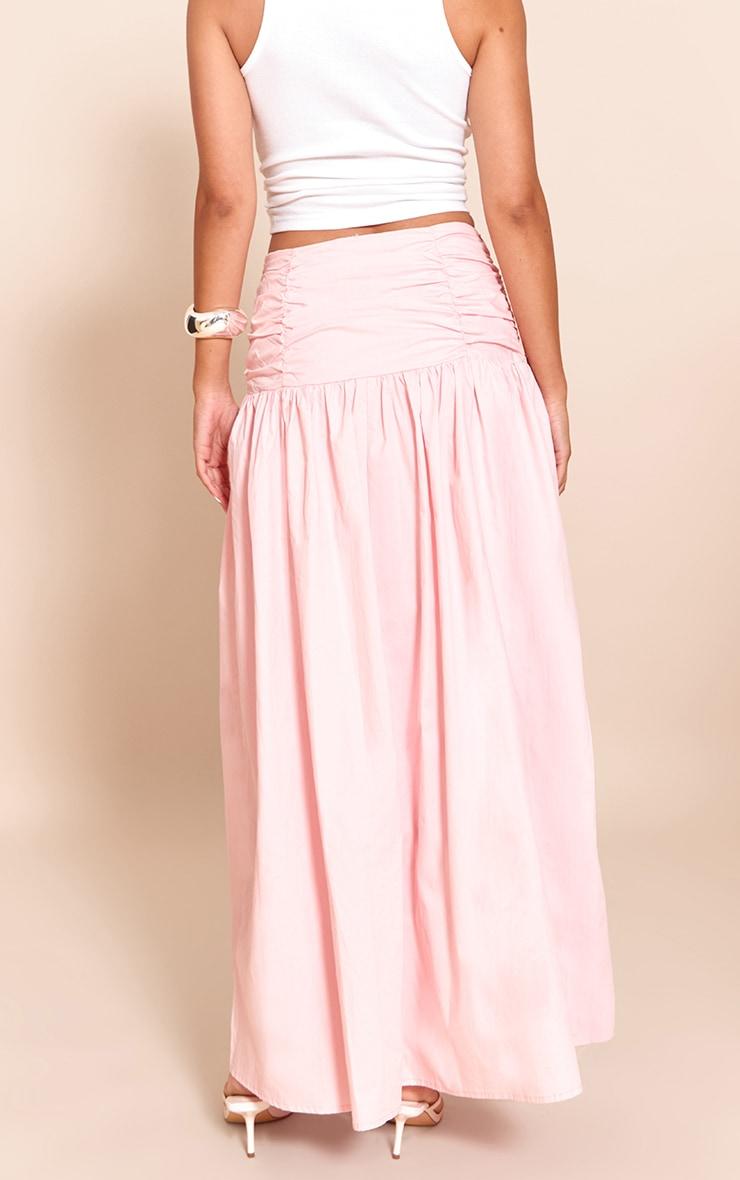 Pink Cotton Poplin Ruched Dropped Waist Maxi Skirt Product Image