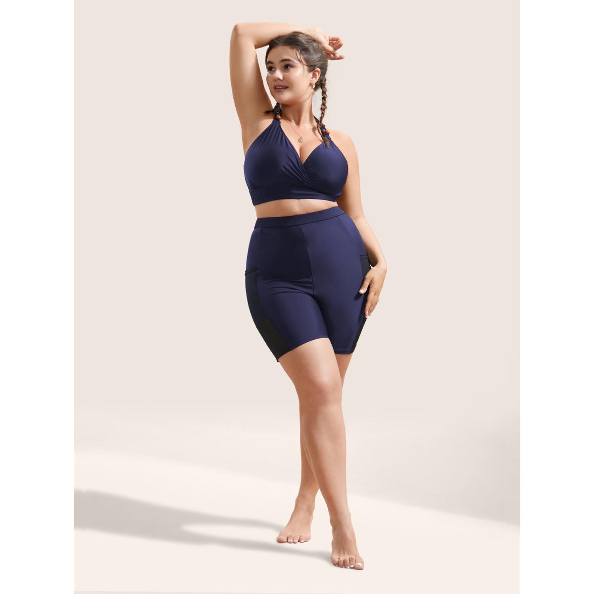 Plus Size Plain Mesh Patchwork Patched Pocket Swim Bottoms Women's Swimwear Indigo Resort See through High stretch Skinny High Rise Slanted pocket Curve Swim Bottoms BloomChic 18-20/2X Product Image