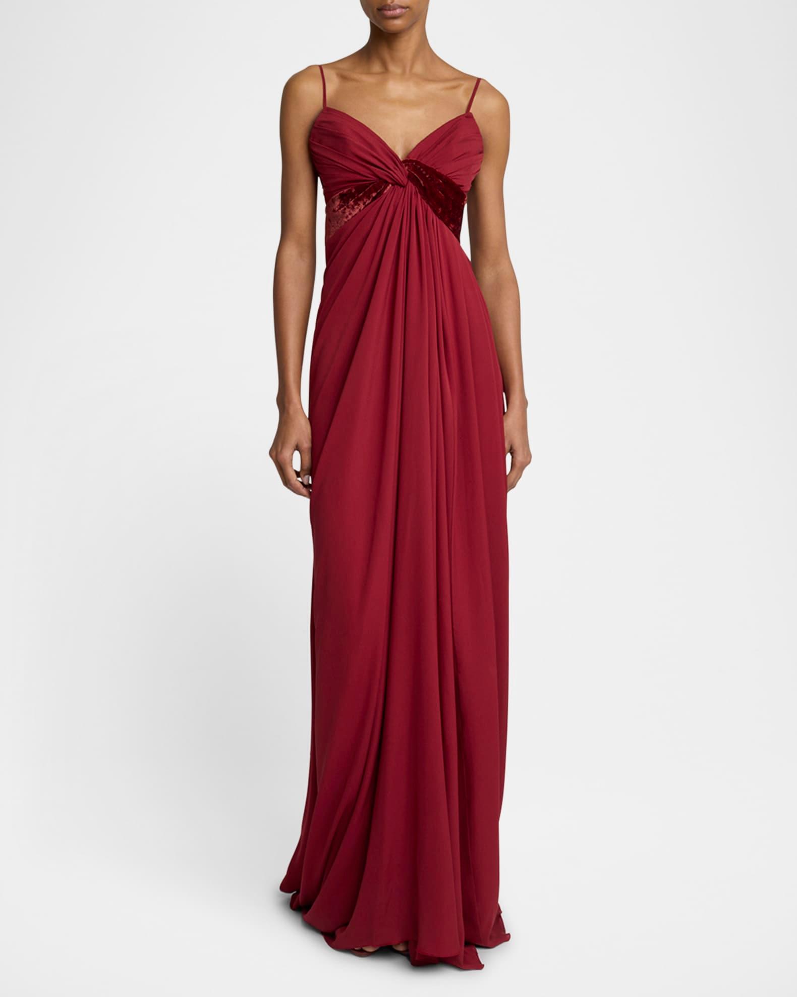 V-Neck Twisted Silk And Velvet Gown Product Image