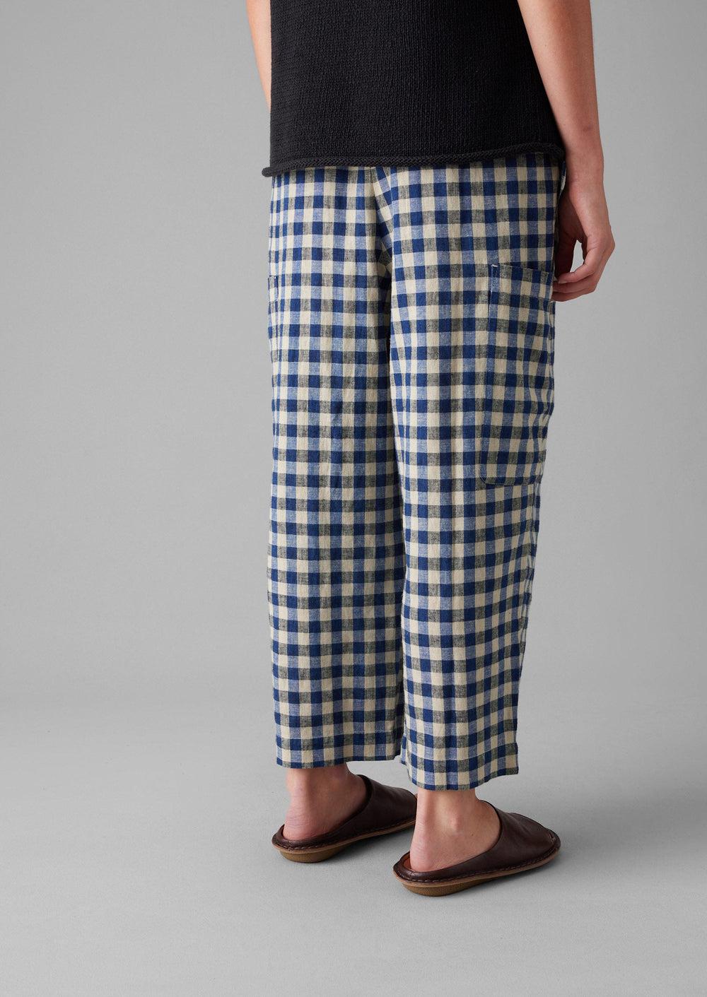 Gingham Linen Cotton Patch Pocket Pants | Denim Blue Product Image