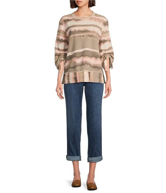 Westbound Petite Size Printed Ruched Sleeve Crew Neck Top Product Image