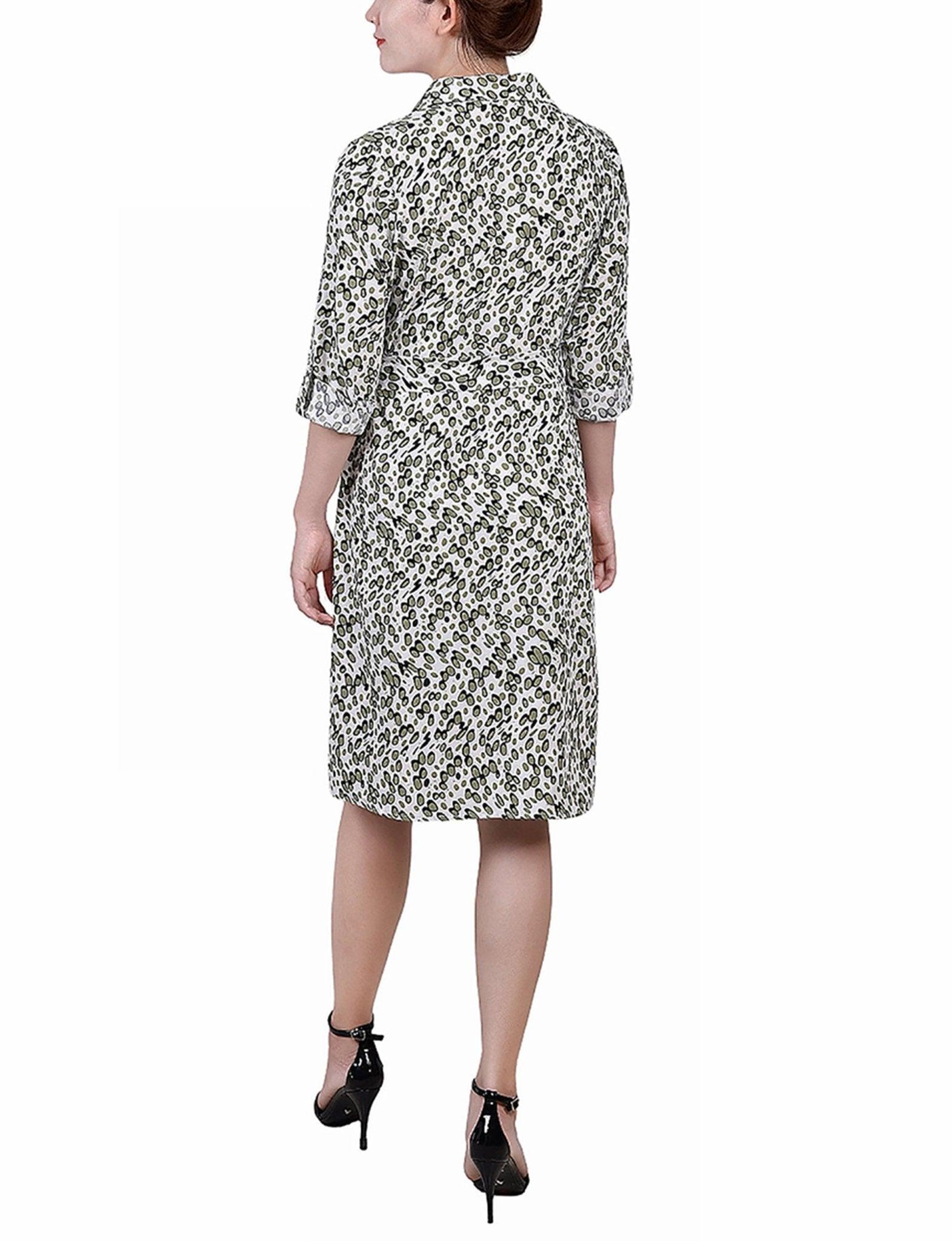 Cypress Inca Gold Navy Zigzag 3/4 Roll Tab Sleeve Belted Shirtdress - Petite Product Image