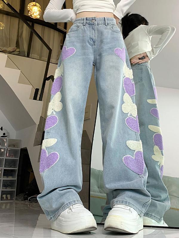 Flocking Embroidery Print High Rise Boyfriend Jeans Product Image